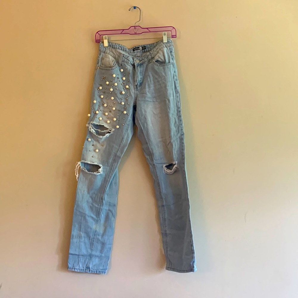 Pearl embellished distressed Jeans